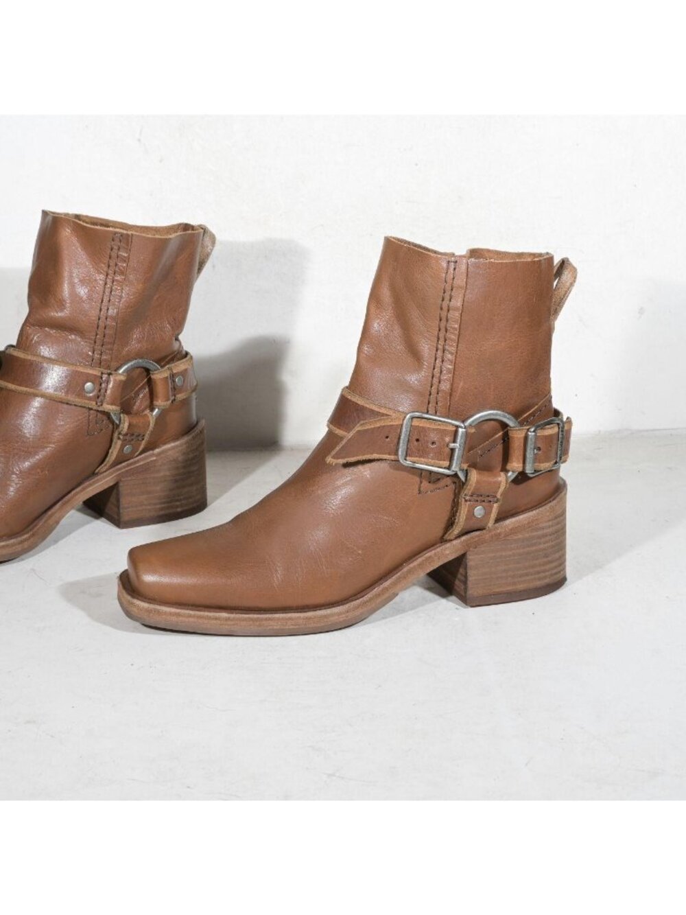 Tan Leather Harness Ankle Boots Square Toe We The Free Women's 8 Deadstock - Picture 1 of 7